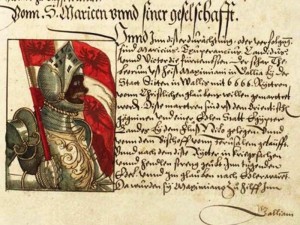 Check out this manuscript depiction of Sir Morien. St. Augustine is another figure whose skin tone is fascinating to observe as illustrators change it over the centuries, sometimes making im pale and blonde, sometimes deep deep African.