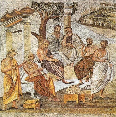 Mosaic from Pompeii, identified as Plato's Academy. Anyone know what that thing on the floor in the middle is? I was there with a gaggle of classicists and we were clueless.