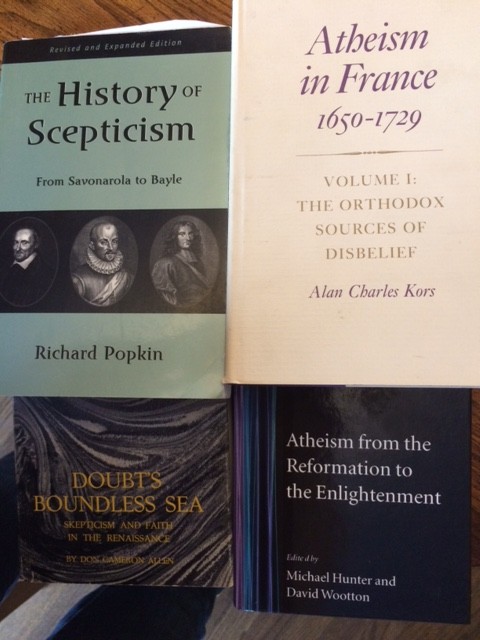 Treasures of my bookshelf. I aspire someday (Thanks to U Chicago's wonderful resources!) to write something on skepticism worthy to add to this particular pile.