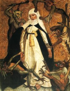 Catherine resists temptation by demons, a very classic thing for both mystics AND male monk saints.