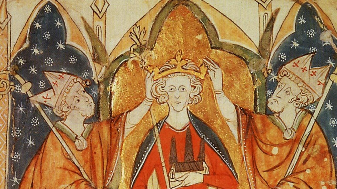 Medieval illumination of a king sitting on a throne with a crown being placed on his head by two robed bishops.