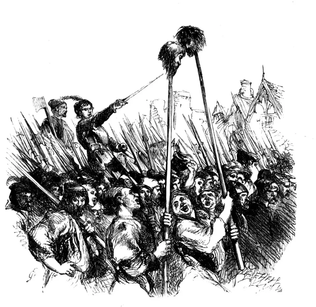Drawing of a mob of peasants brandishing weapons with two severed heads on spears, with Jack Cade waving a sword above them all.