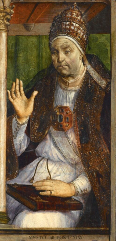 Portrait of Pope Sixtus IV. He sits in papal grandeur wearing the jewel-studded three-crowned papal tiara and a jewel-covered cope over white robes. He has one hand raised in blessing.